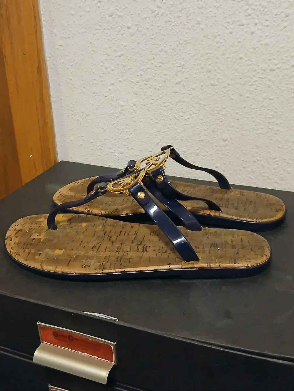 Michael Kors Navy Blue & Cork Thong Sandals - Women's Size 7